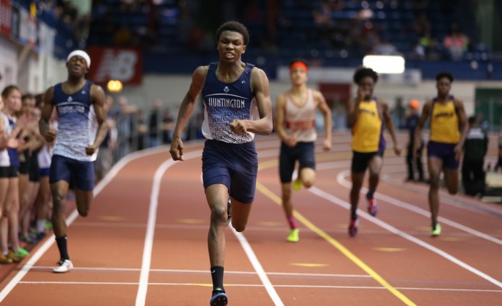Huntington High School’s Kyree Johnson runs the 300-meter dash at the Molloy Stanner Games in Manhattan last weekend. He finished in 34.03 seconds, which is the best time in the county this winter season, and a new Suffolk record.