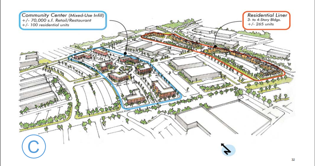 An architectural rendering of the Huntington Quadrangle property in Melville shows a plan to repurpose the existing office space into a mixed-use complex, adding 364 residential units and 70,000 square feet of retail space.