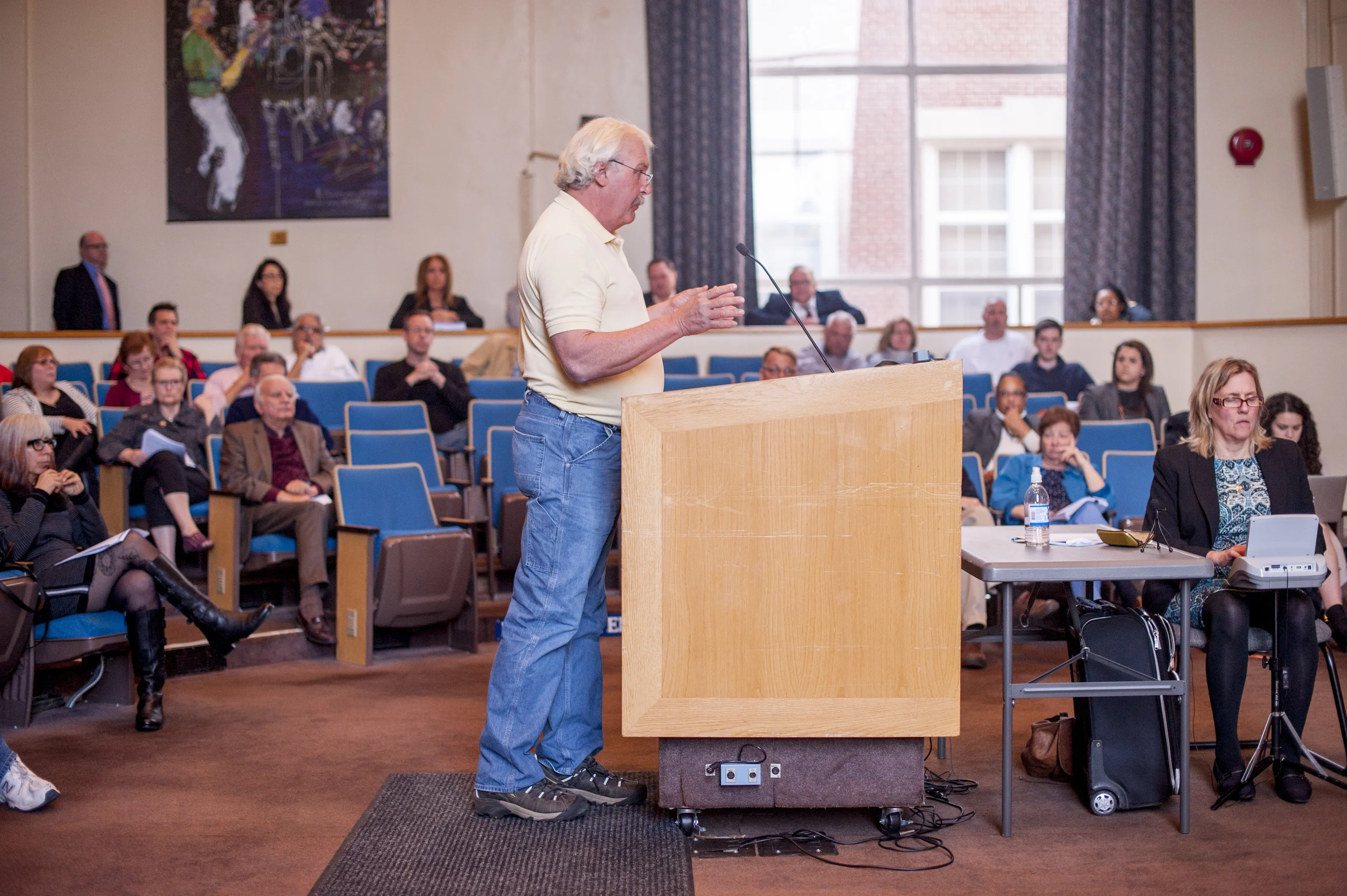: Joe Finke, who said he owns a pair of two-family rental homes in Northport, speaks on Tuesday during a public hearing on proposed changes to the Town of Huntington’s rental registry law. If approved, an amendment to the resolution would make rental permits valid for two years instead of one.