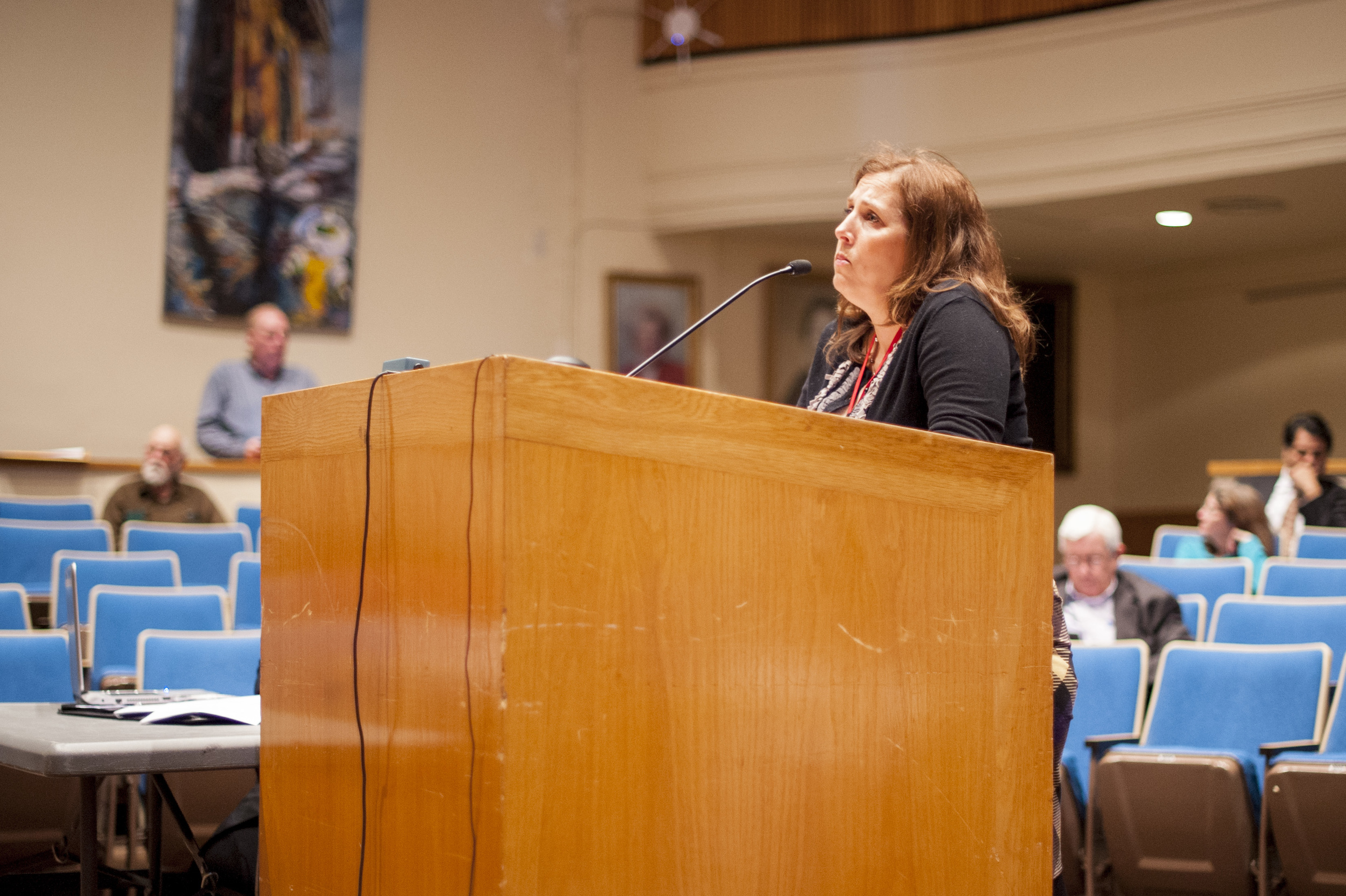 Deborah Weiss, Elwood School District PTA president, speaks during Tuesday’s Huntington Town Board meeting, taking issue with a New York State Court of Appeals ruling that has effectively dismantled local sex offender laws.