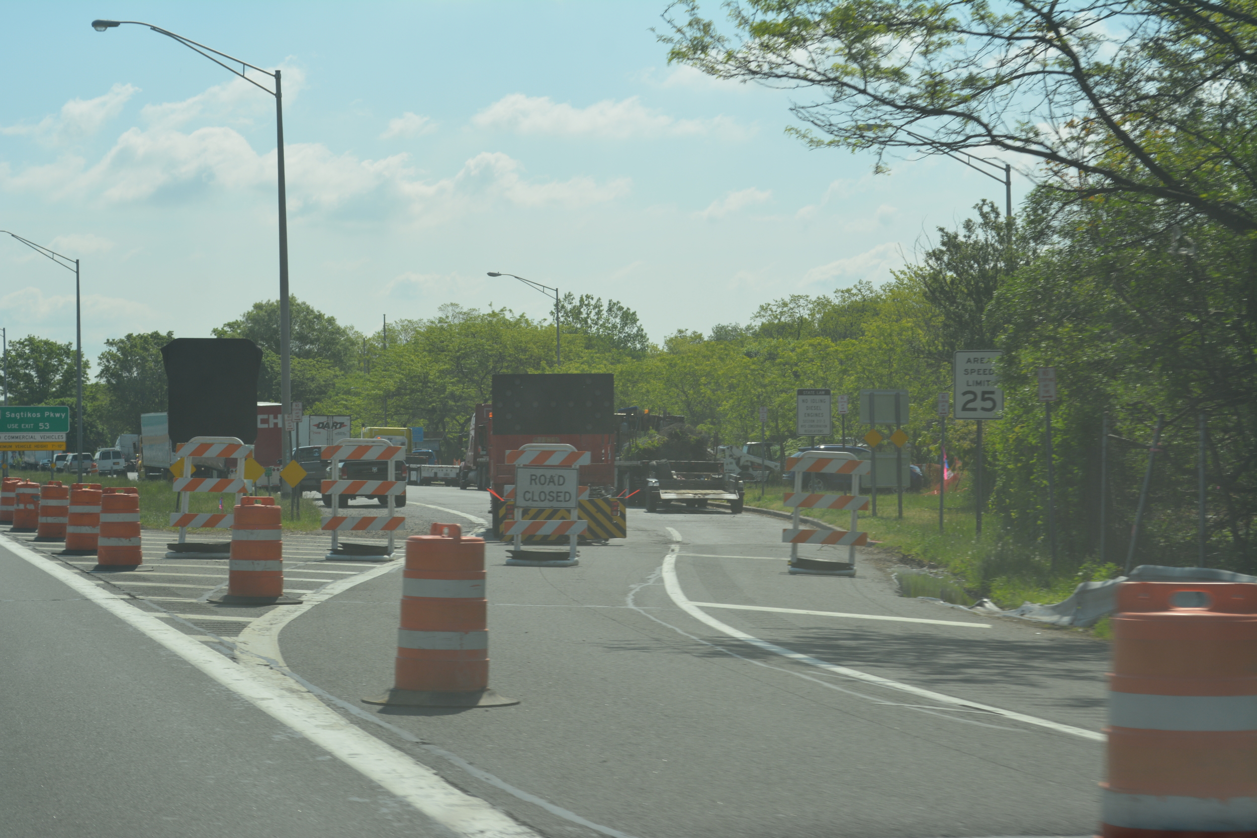 Construction is underway Monday on hotly-contested welcome center being built between exits 51 and 52 on the Long Island Expressway. State officials plan to build a 15,200 square-foot structure incorporating parking for up to 135 vehicles, police substations and a community room.