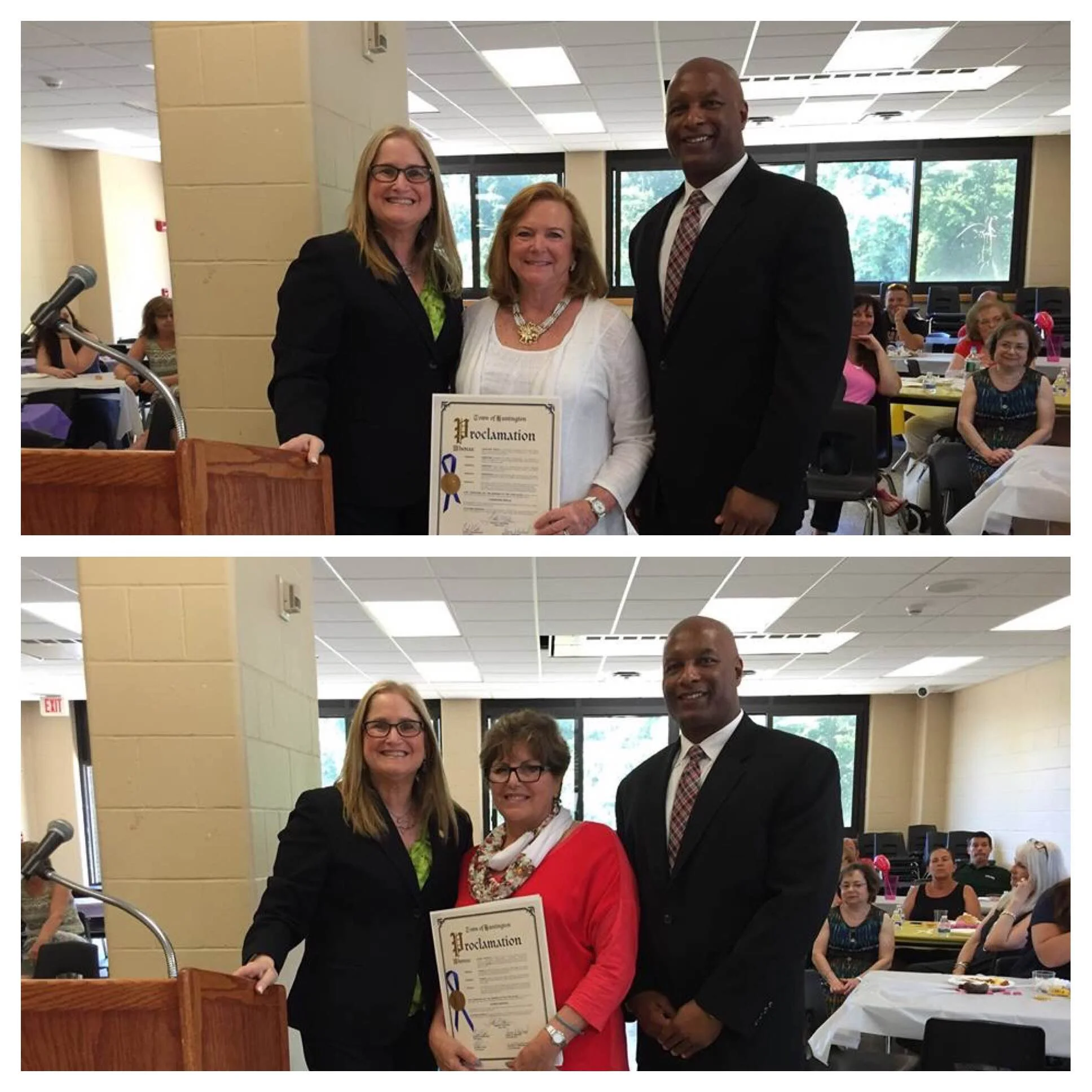 Gloria Mandell, above, and Christine Inglis, right, were presented with Huntington town proclamations by Councilwoman Susan Berland, above, left. Also pictured is Dr. Jeffrey Woodberry, principal of Half Hollow Hills High School East.