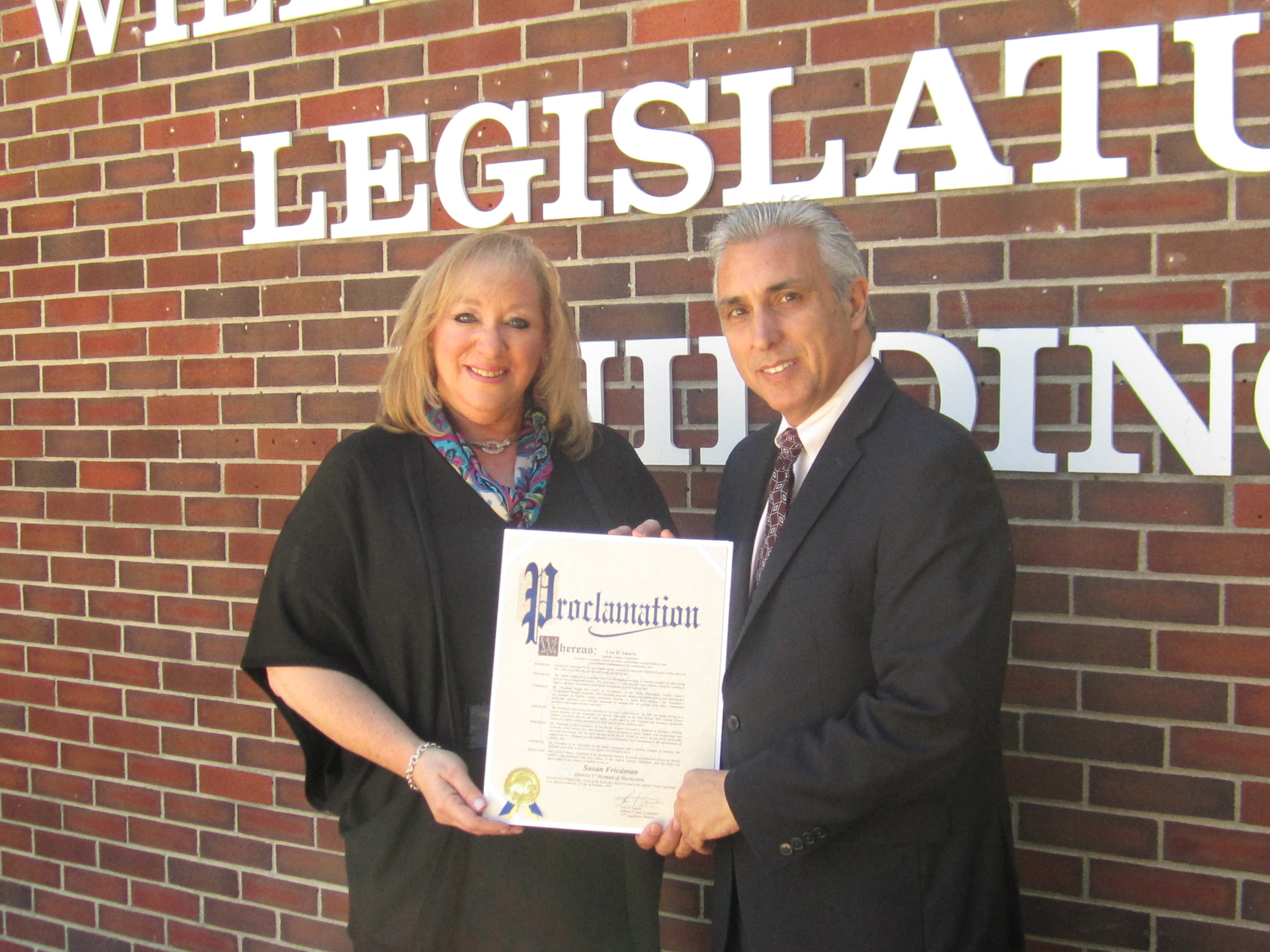 Suffolk County Legislator Lou D’Amaro (D-Huntington Station) has selected longtime Dix Hills resident Susan Friedman as the 2016 woman of distinction for Suffolk’s 17th legislative district. Photo courtesy of Legislator Lou D’Amaro’s offic e