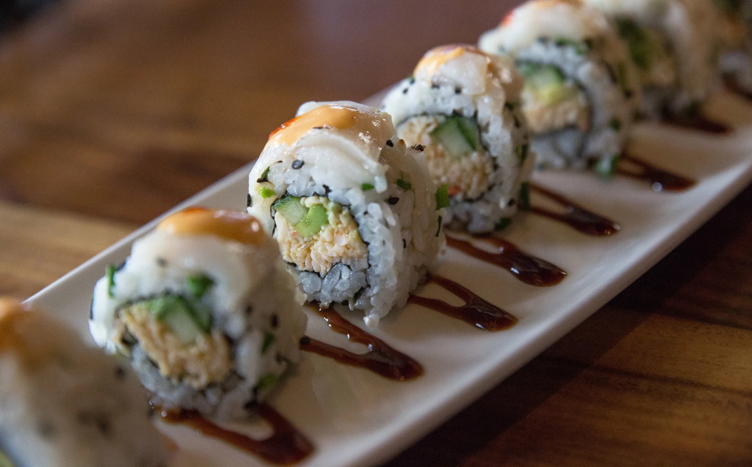 Long Islander News photos/Craig D’Andrea The Dynamite Scallp Roll at P.F. Chang's in Melville is wrapped around a creamy kani kama, topped with seared scallops.