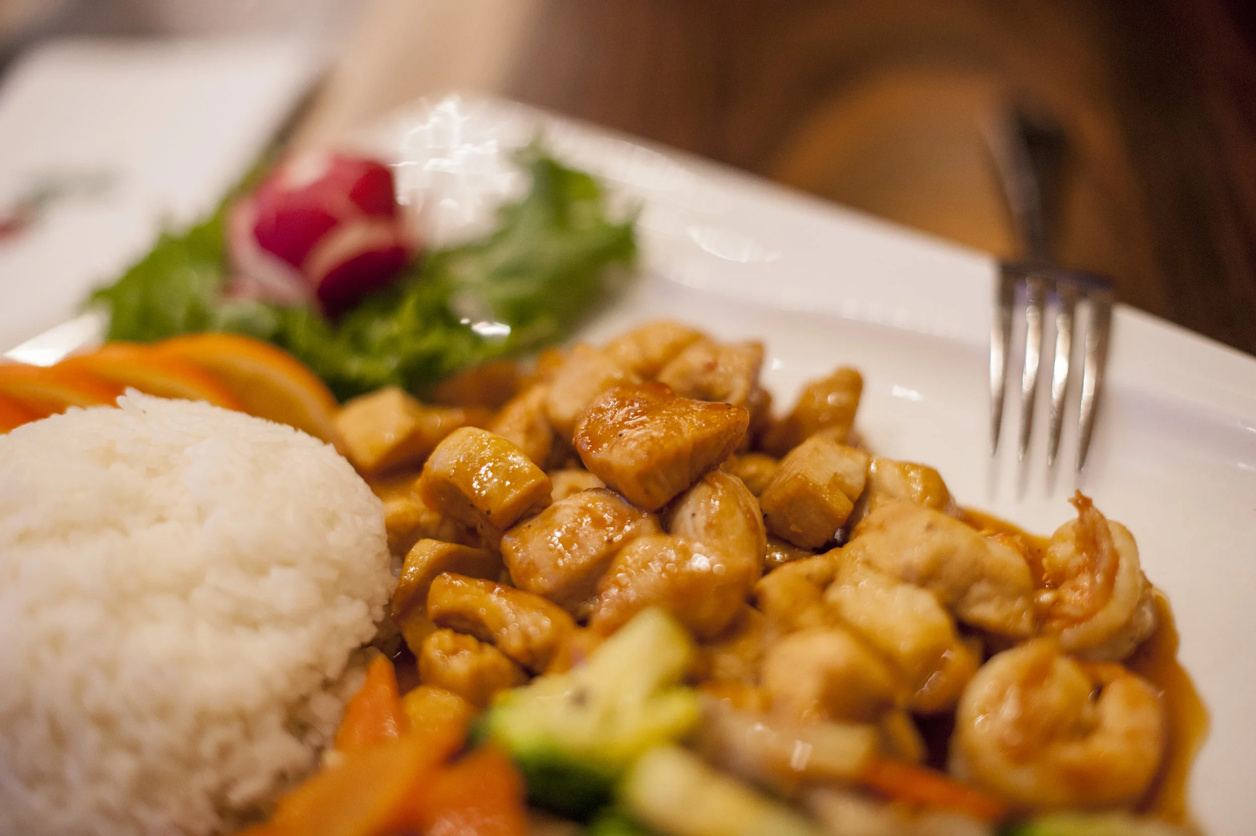 The Hibachi Chicken at Zaza Japan features a hearty mix of chicken with zucchini, carrots, mushrooms and broccoli that is as delicious to eat as its preparation is exciting to behold.