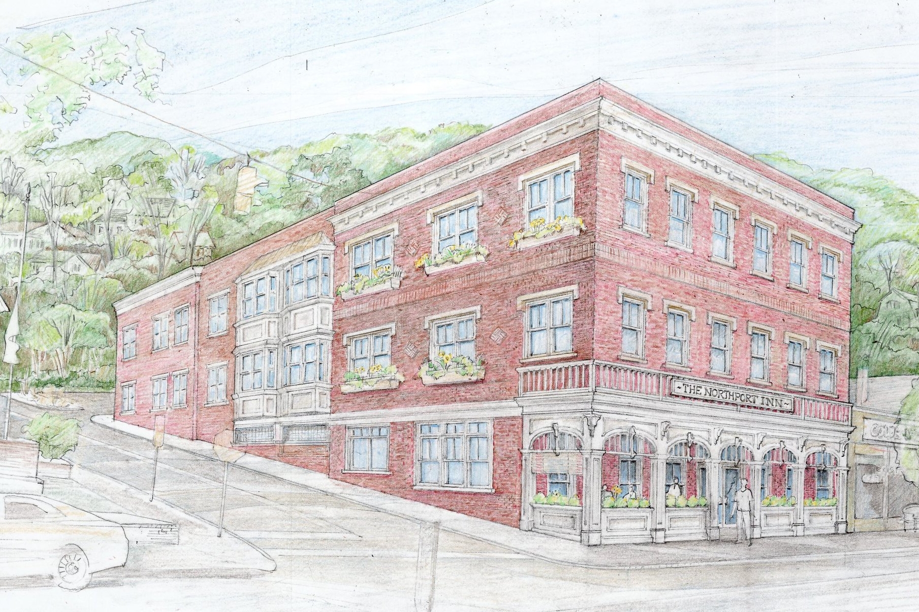 A rendering by Hoffman Grayson Architects, LLP, pictures the development of a proposed three-story inn on Main Street in Northport Village.