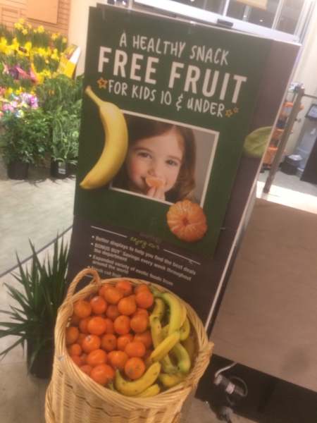 Free, fresh fruit was available for kids ages 10 and under at the Huntington Stop and Shop last week.