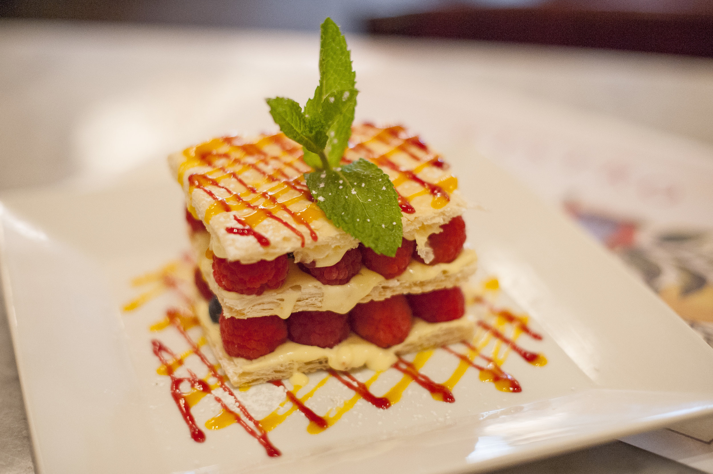  The Mille-Feuille ($12) layers tantalizing mixed fresh fruit with mascarpone cream in a delicately flaky puffed pastry. 