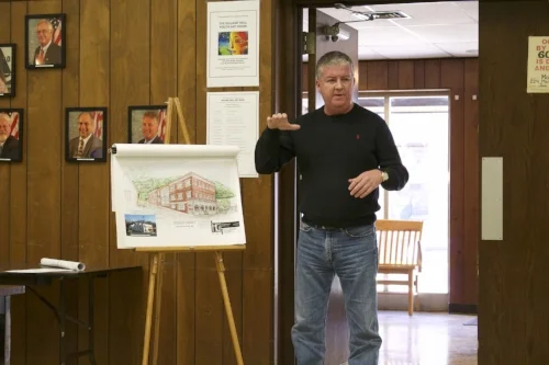 Long Islander News photo/Janee Law Kevin J. O’Neill, co-owner and managing director of the John W. Engeman Theater, presenting the tentative parking plan for a proposed three-story Inn to be built on Main Street in Northport Village.