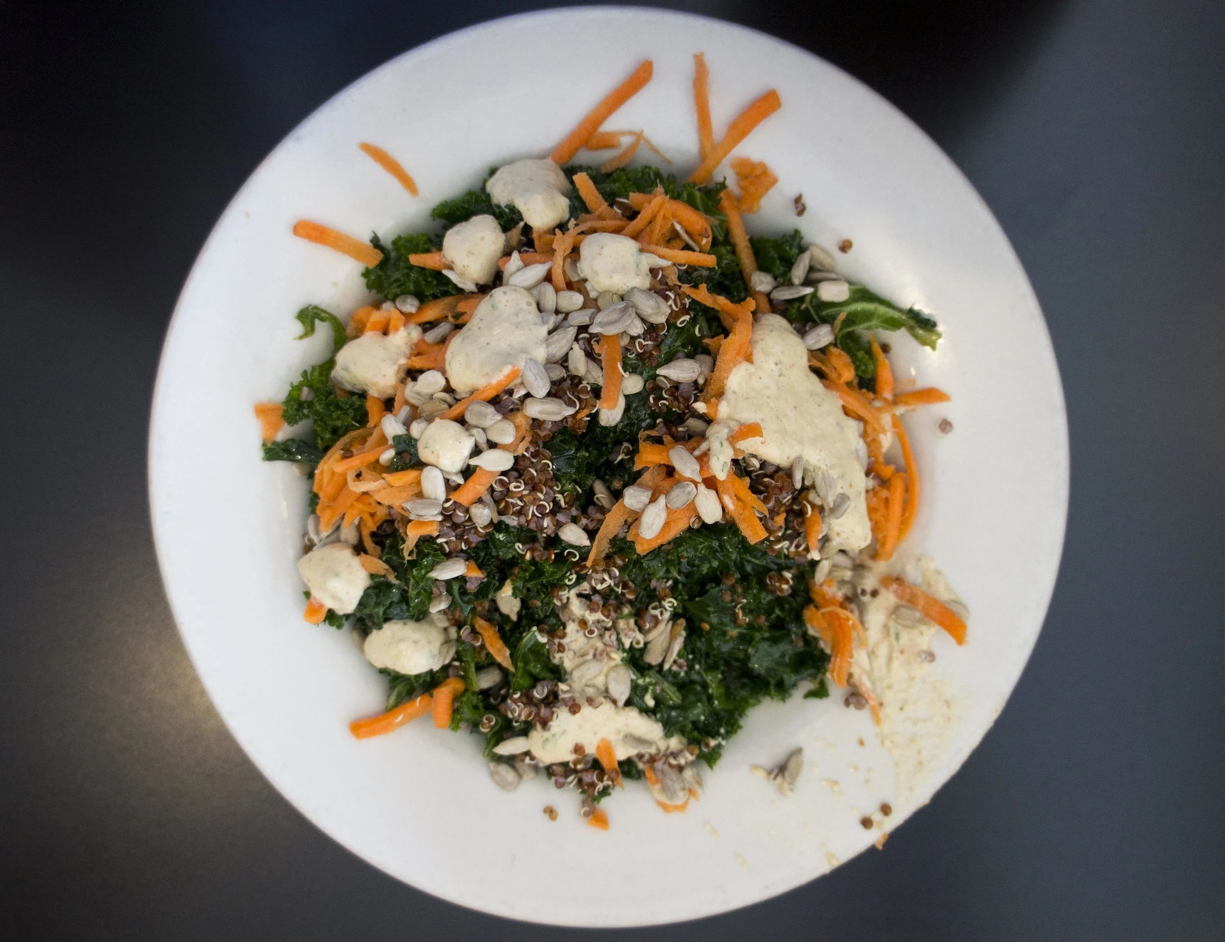  Massaged Kale Salad ($8.95) offers a sweet and spicy kick, with the mixture of sunflower seeds adding the perfect texture in each delectable bite. 