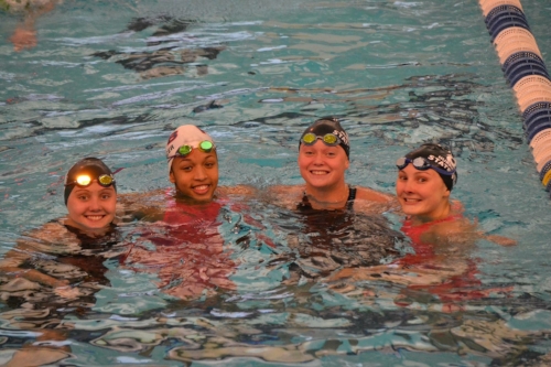 Hannah Spencer, second from left, recently set the freestyle record for the Huntington YMCA swim team at the 2017 YMCA Short Course Nationals in April. She’s pictured with Caroline Oakland, Maggie Purcell and Madison Jones, swimmers of the East Hampton Hurricanes.