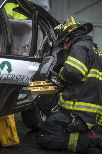 Long Islander News photo/David Weber A Cold Spring Harbor digs in during the 10th annual Chuck Varese Vehicle Extrication Tournament.