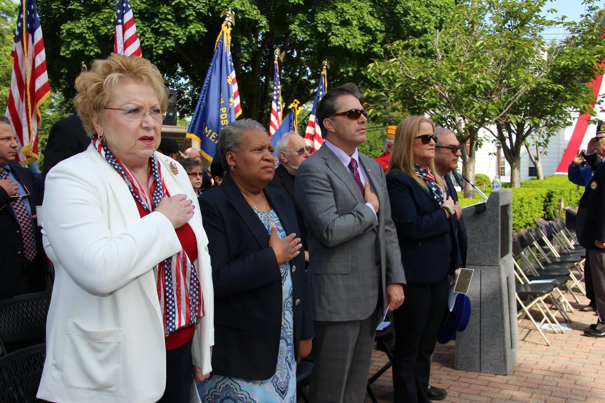  From left, Huntington Town Clerk Jo-Ann Raia, Councilwoman Tracey Edwards, Councilman Eugene Cook, Councilwoman Susan Berland and Supervisor Frank Petrone are pictured during Sunday’s ceremony. 