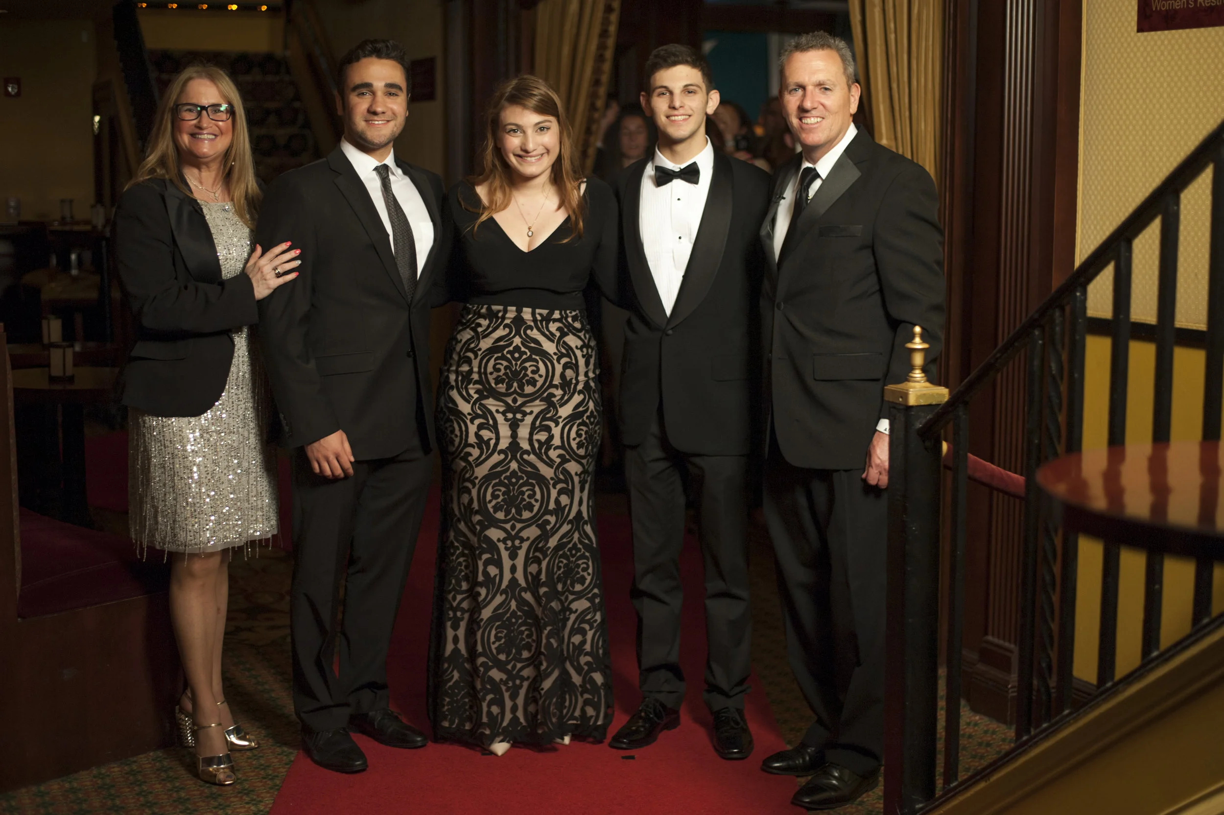   Long Islander News photos/David Weber  Huntington councilmembers Susan Berland, left, and Mark Cuthbertson, right, pose on the red carpet with nominees Kyle Dana, Ashley Gomerman, and Noah Marcus, from Half Hollow Hills High School West. 