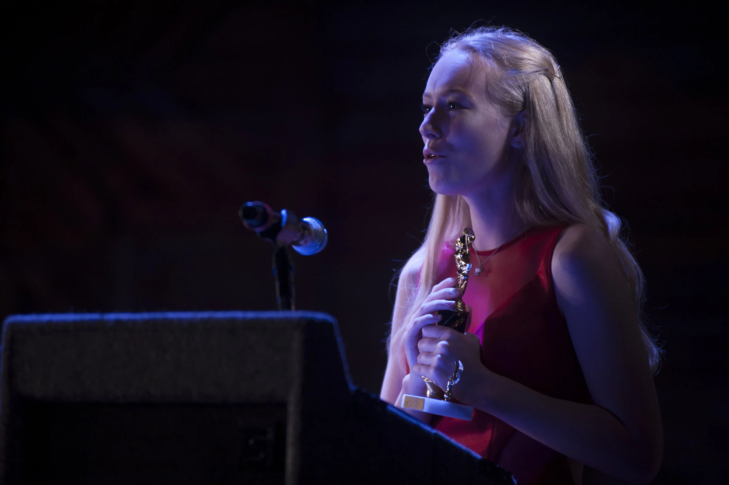  Samantha Ruotolo, of Walt Whitman High School, accepts the award for “Best Lead Actress in a Play” for her role in “The Curious Savage.” 