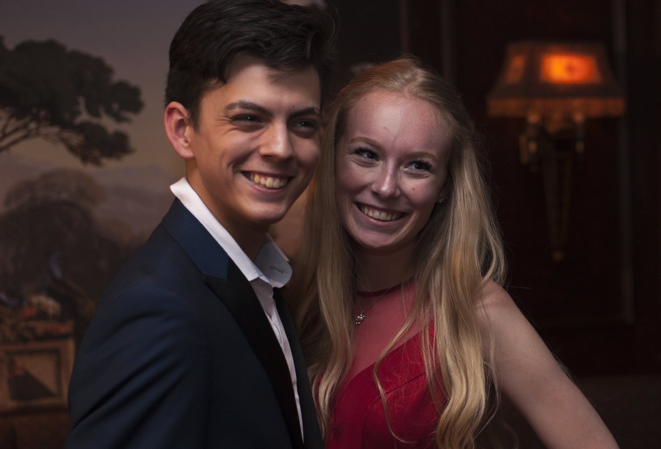   Marco Chiraboga, left, and Samantha Ruotolo, right, stars from the Walk Whitman High School’s production of “The Curious Savage,” pose on the red carpet.  