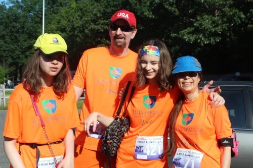  Talia Galatan, an ELIJA School student, Albert Galatan, Joelle Galatan and Illana Slaff-Galatan are all smiles at Sunday’s &nbsp;2nd Annual just cAUse we run Journey for Autism 5 Mile Run/1.5 Mile Walk.       