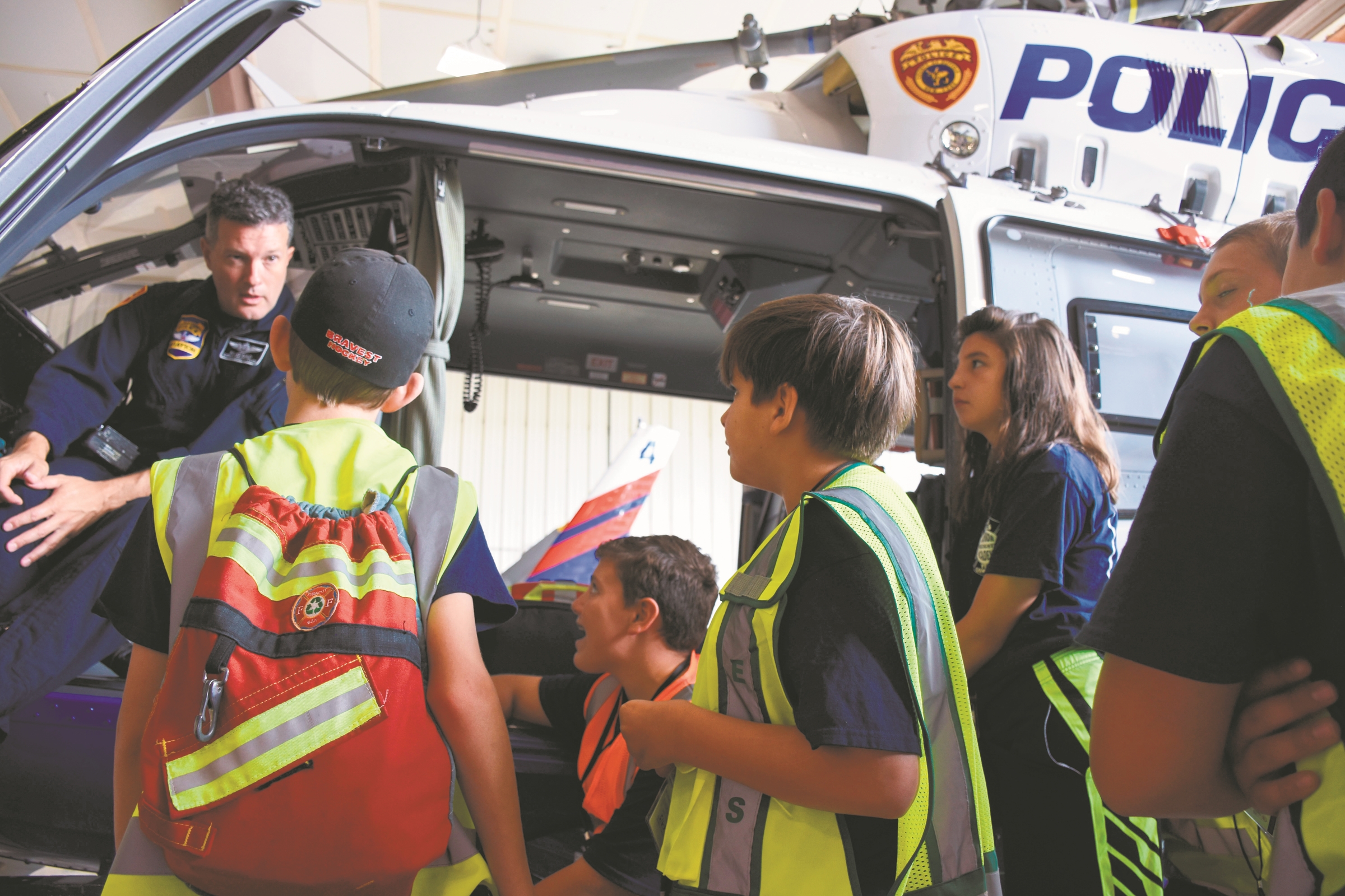   Juniors get a tour of the Suffolk Police helicopter at the Aviation Bureau.&nbsp;  Photo by Rachel Sarah Berkowitz  