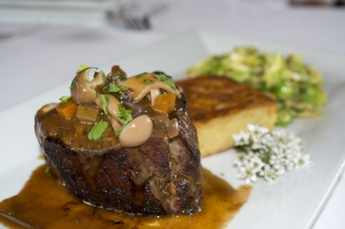   The prime Filet Mignon ($48) at Oheka Bar &amp; Restuarant comes with potato and goat cheese rosti, brussel sprouts and wild mushroom ragu.   Long Islander News photo/Barbara Fiore     