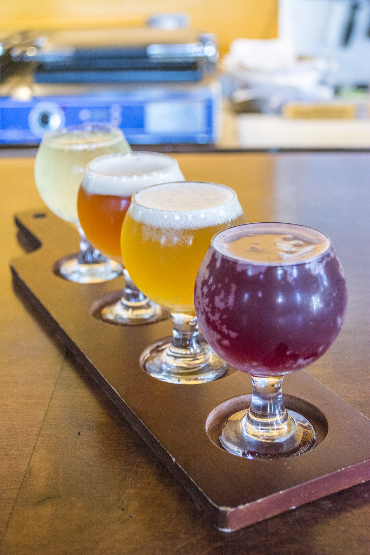   This beer flight includes, front to back, a blueberry sour ale, oat pale ale, pumpkin ale and hard cider.   Long Islander News photos/Barbara Fiore  