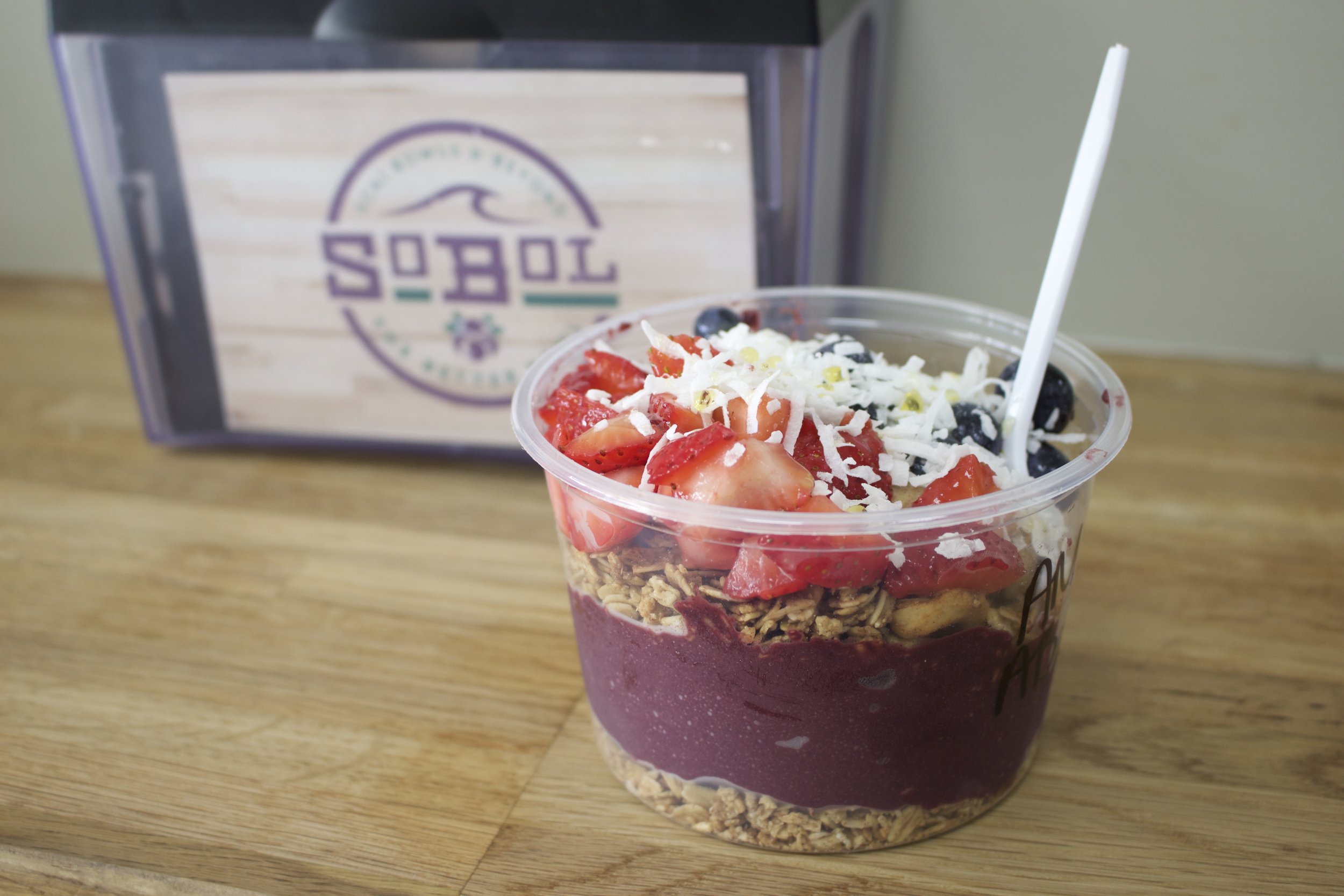   The acai bowls at SoBol in Huntington bring together acai fruit, homemade granola, blueberries, sliced banana, strawberries, coconut and honey for a tasty, healthy treat.   Long Islander News photos/Janee Law  