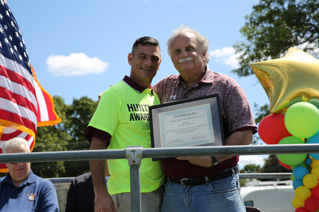   Retired South Huntington school board president Jim Kaden, right, gets the "Excellence in Public Education Service Award" from Superintendent Dave Bennardo.  &nbsp;Photo by Steve Bartholomew  