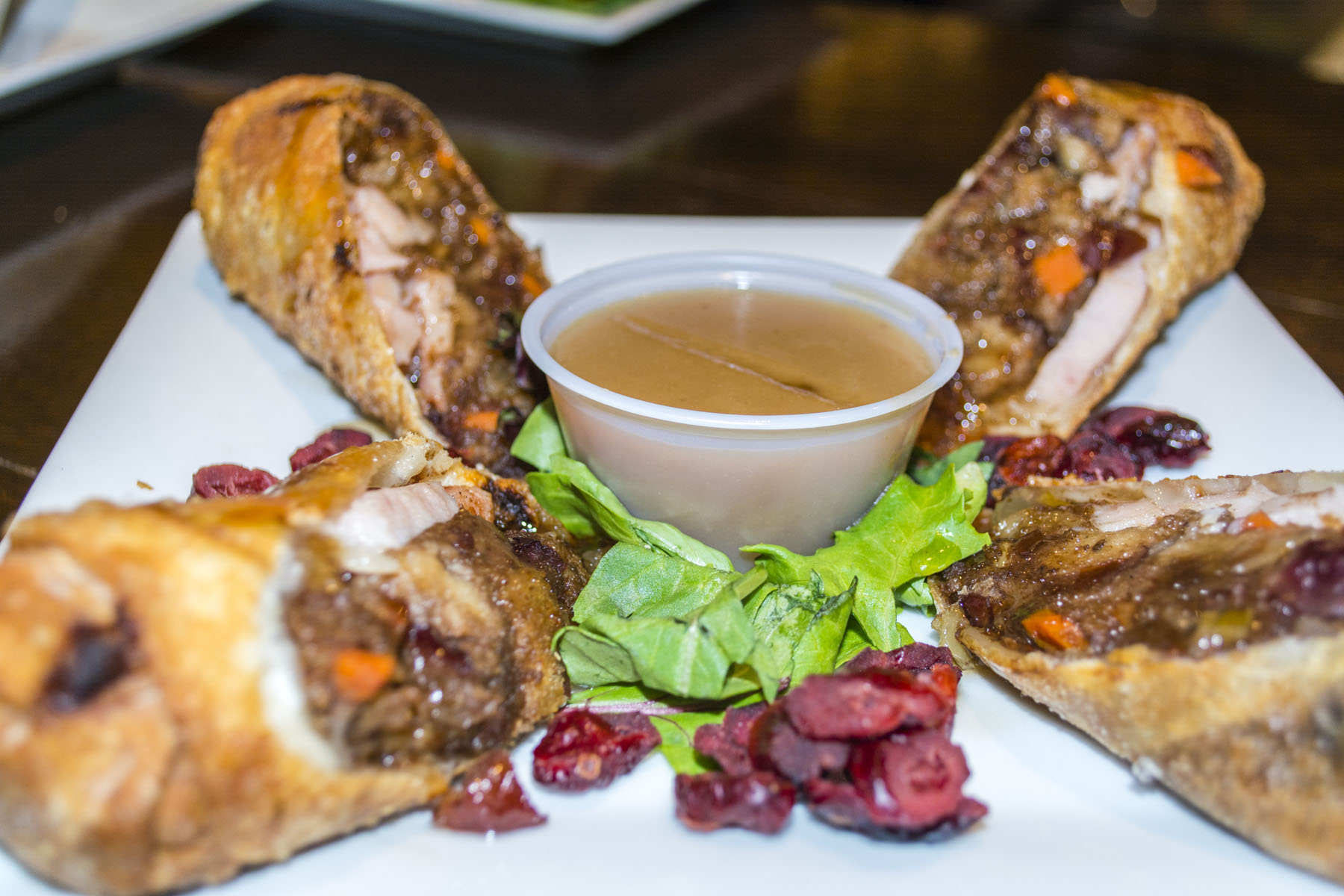   The Thanksgiving Egg Rolls ($9) is a large serving of roasted turkey and homemade stuffing wrapped in an egg roll with a maple honey glaze and gravy dipping sauce.  