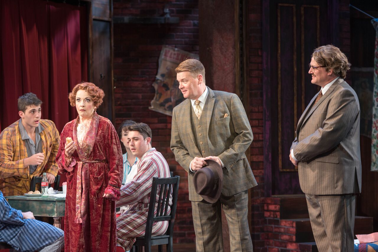   Michele Ragusa (as Rose), John Scherer (as Herbie), Todd Fenstermaker (as Mr. Goldstone) and cast members of John W. Engeman Theater’s production of “Gypsy.”   Photo by Michael DeCristofaro  