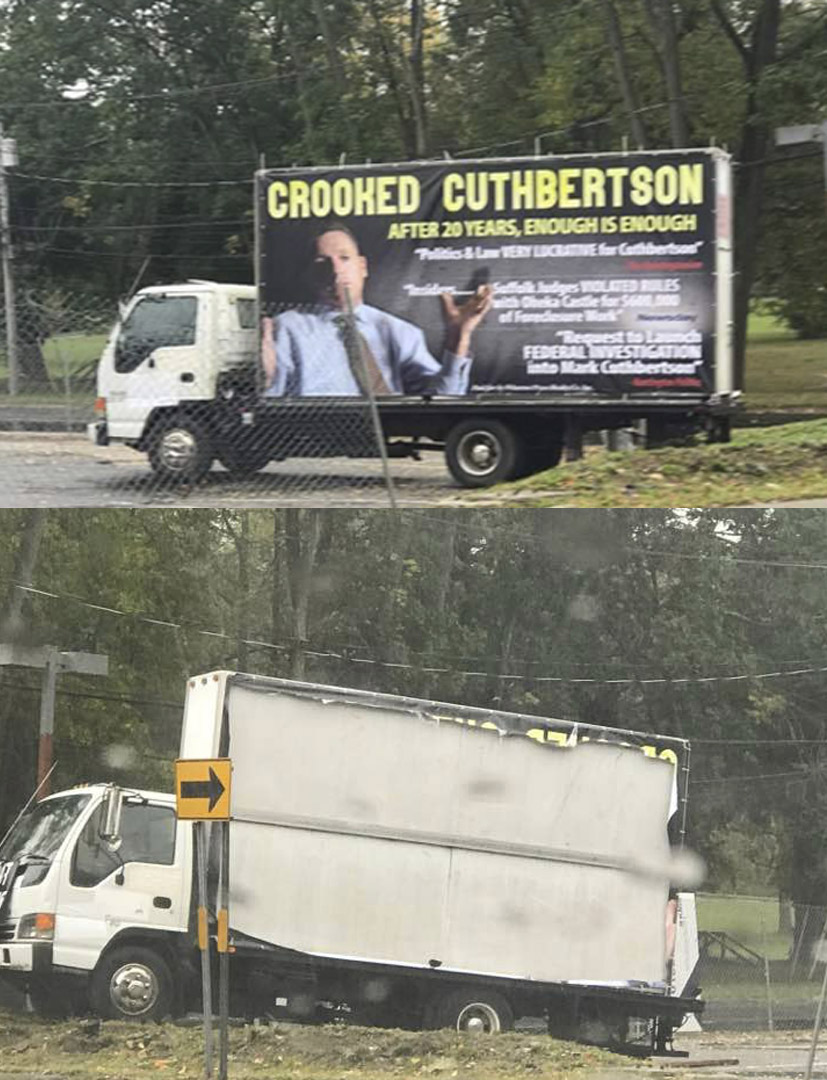   The before, above, and after of a truck with political banners on its sides parked on private property in Huntington that was vandalized over the holiday weekend.  