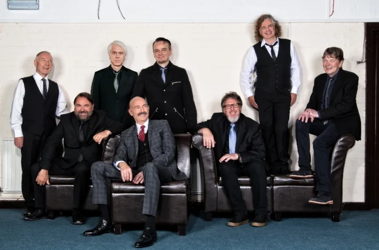 The newest configuration of King Crimson features, from left, Robert Fripp, Jeremy Stacey, Chris Gibson, Tony Levin, Gavin Harrison, Pat Mastelotto, Jakko Jakszyk and Mel Collins. Photo by Dean Stocking