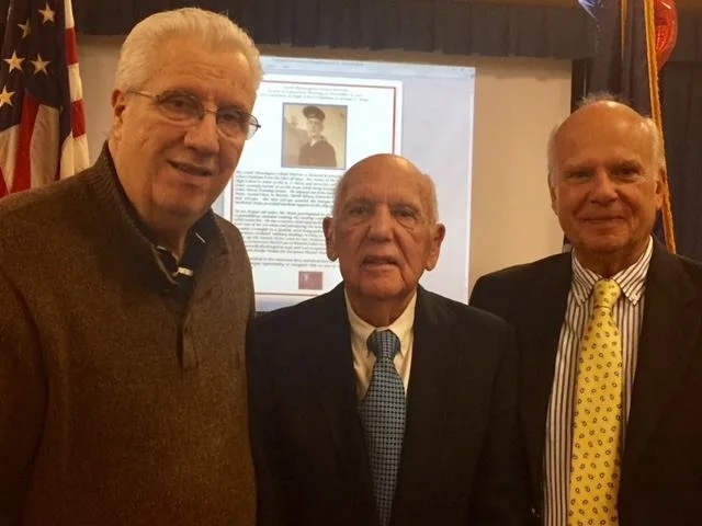   Senator Carl Marcellino, George Kunz, and son Steve Kunz at the Nov. 8 ceremony, where George Kunz received his high school diploma from the South Huntington School District.   Photo by Steve Bartholomew  