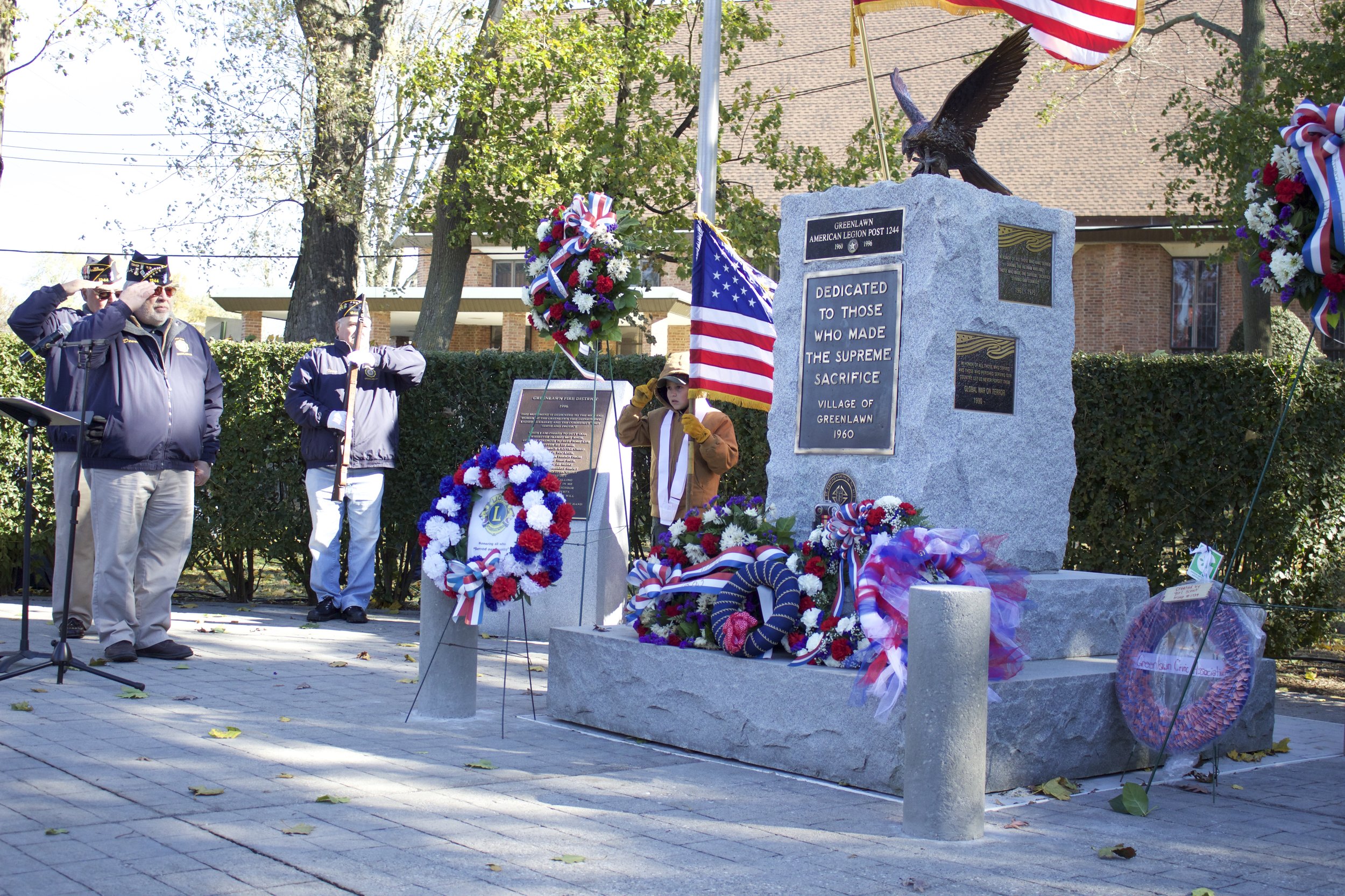   The monument at Greenlawn Memorial Park was adorned with wreaths for the annual Veterans Day Ceremony in memory of the men and women from all conflicts who lost their lives.   Long Islander News Photo/Janee Law  