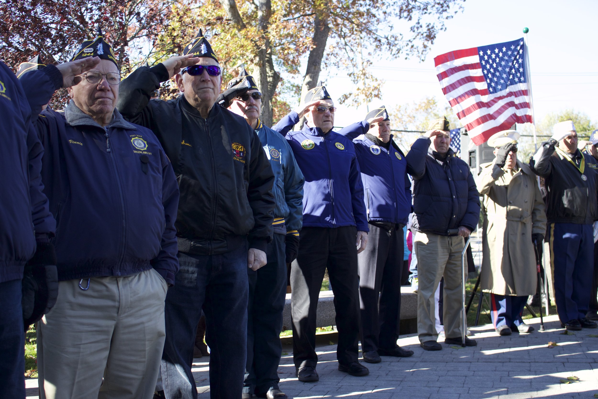   Veterans salute during the presentation of the wreaths at the Veterans Day Ceremony at Greenlawn Memorial Park.   Long Islander News Photo/Janee Law  