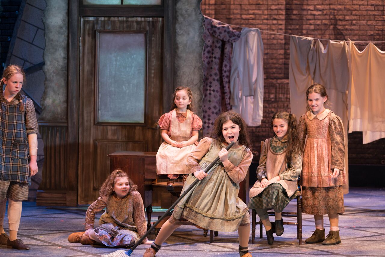   Cordelia Comando (as Tessie), Sophia Lily Tamburo (as Molly), Meaghan McInnes (as Duffy), Emma Sordi (as Kate) and Cassandra LaRocco (as July) making up the entertaining and sassy cast of orphaned girls in “Annie.” &nbsp; Photo by Michael DeCristof