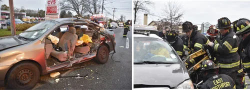 Firefighters work to free a victim trapped in a car, right, after a crash in East Northport on Saturday. Photos by Laura Riccio