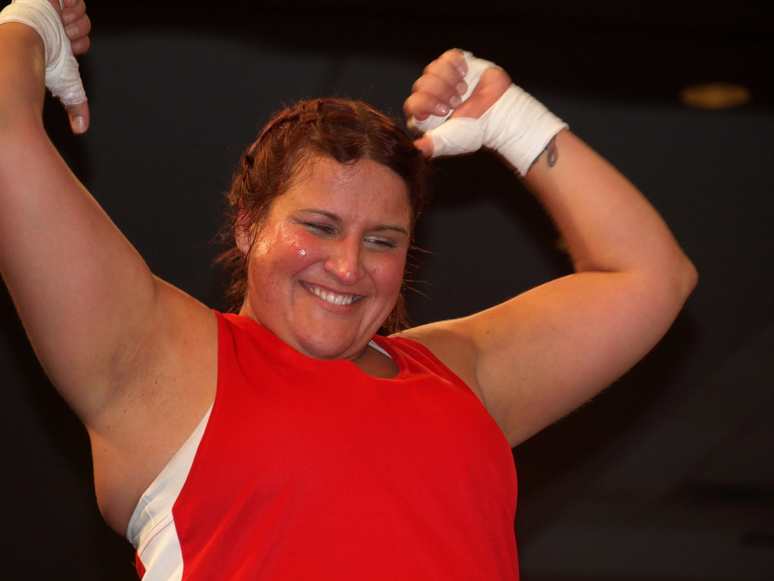   Boxer Lauren “The Belmont Brawler” Powers celebrates.   Long Islander News Photo/Connor Beach  
