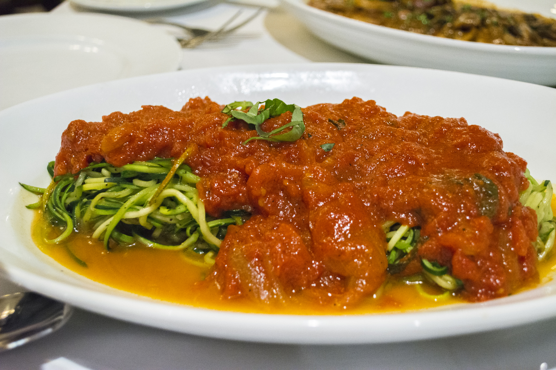   The Zucchini Linguine ($18/$28) features fresh zucchini shaped to look like pasta, and served with filetto di pomodoro sauce   Long Islander News photos/Barbara Fiore  