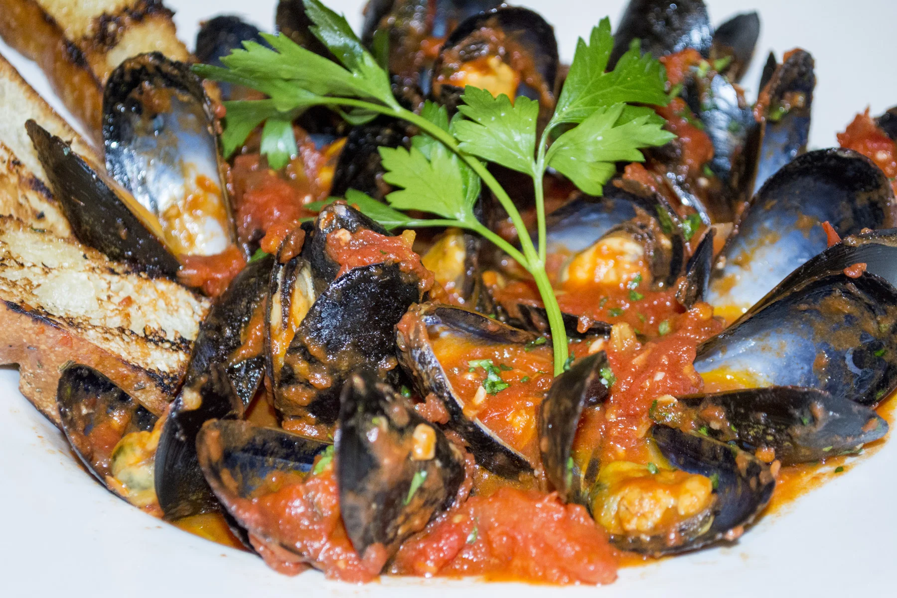   Pan Sautéed Mussels ($12.99) features Price Edward Island mussels sautéed in red sauce with chopped garlic, onions, cherry peppers, chunky tomatoes and Italian parsley.   Long Islander News photos/Connor Beach  