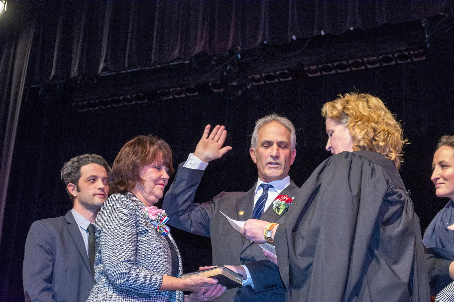   Huntington Highway Superintendent Kevin Orelli, with his wife Nancy holding the Bible, takes the oath of from Suffolk District Court Judge Patricia Grant Flynn.&nbsp; Long Islander News photos/Connor Beach   