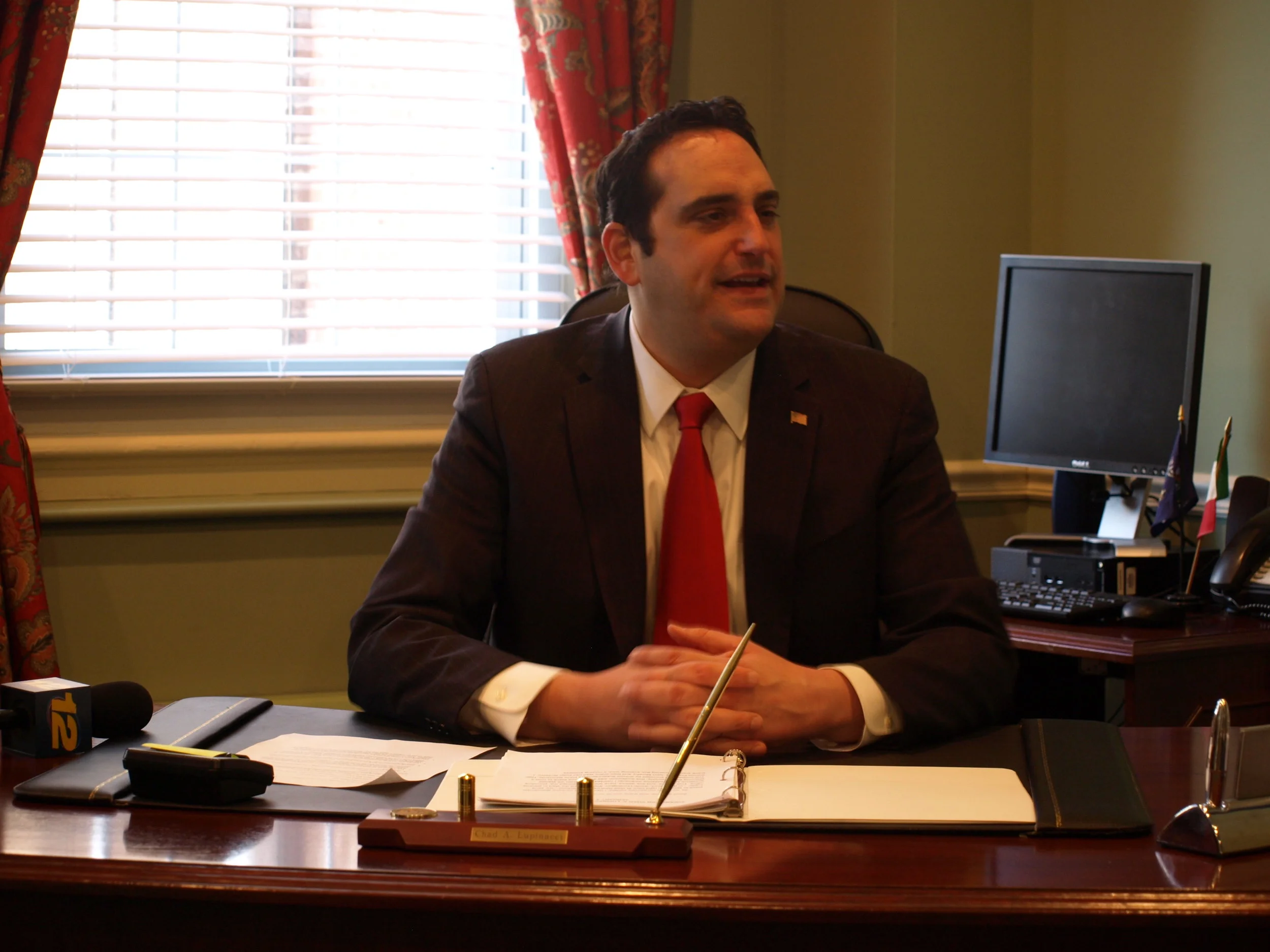   On his first day as Huntington’s newest town supervisor, Chad Lupinacci addresses members of the media in his new town hall office.&nbsp;&nbsp;   Long Islander News Photos/Connor Beach     &nbsp;  