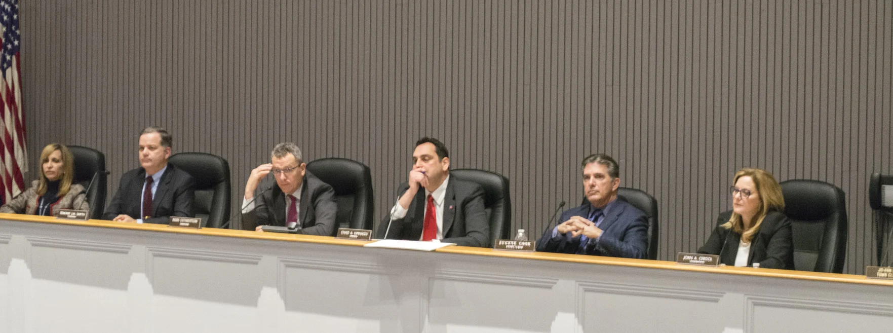  Above, the Huntington Town Board listens to speakers during the public portion of Tuesday’s meeting. 