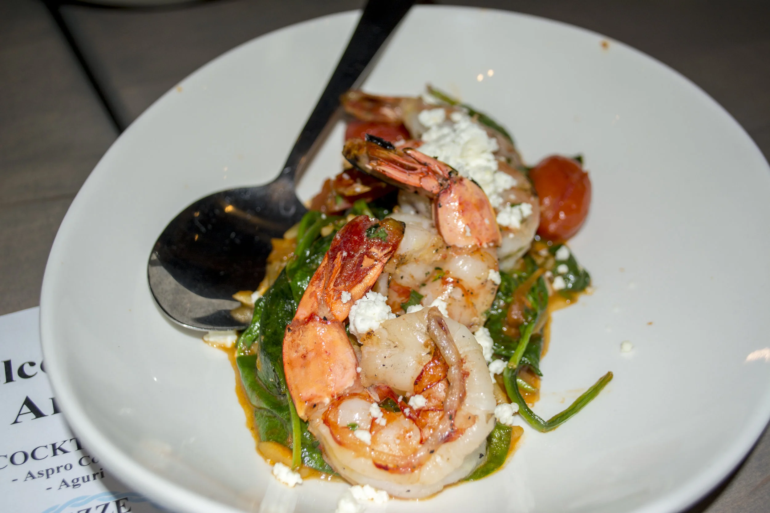 The Tri-Color Orzo ($14) features grilled shrimp served with tomato, spinach, feta and a garlic and oil sauce. Long Islander News photos/Connor Beach