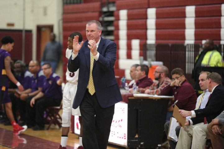 Walt Whitman varsity basketball coach Thomas Fitzpatrick is pictured Feb. 6 at the final home game of his 19-year career. Photo/South Huntington School District