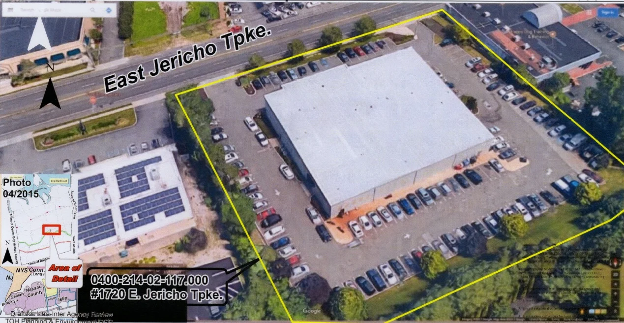   Above, the site at 1720 E Jericho Turnpike, Huntington is pictured in January. Left, a bird’s eye view of the proposal to convert the site to a Kia dealership.  
