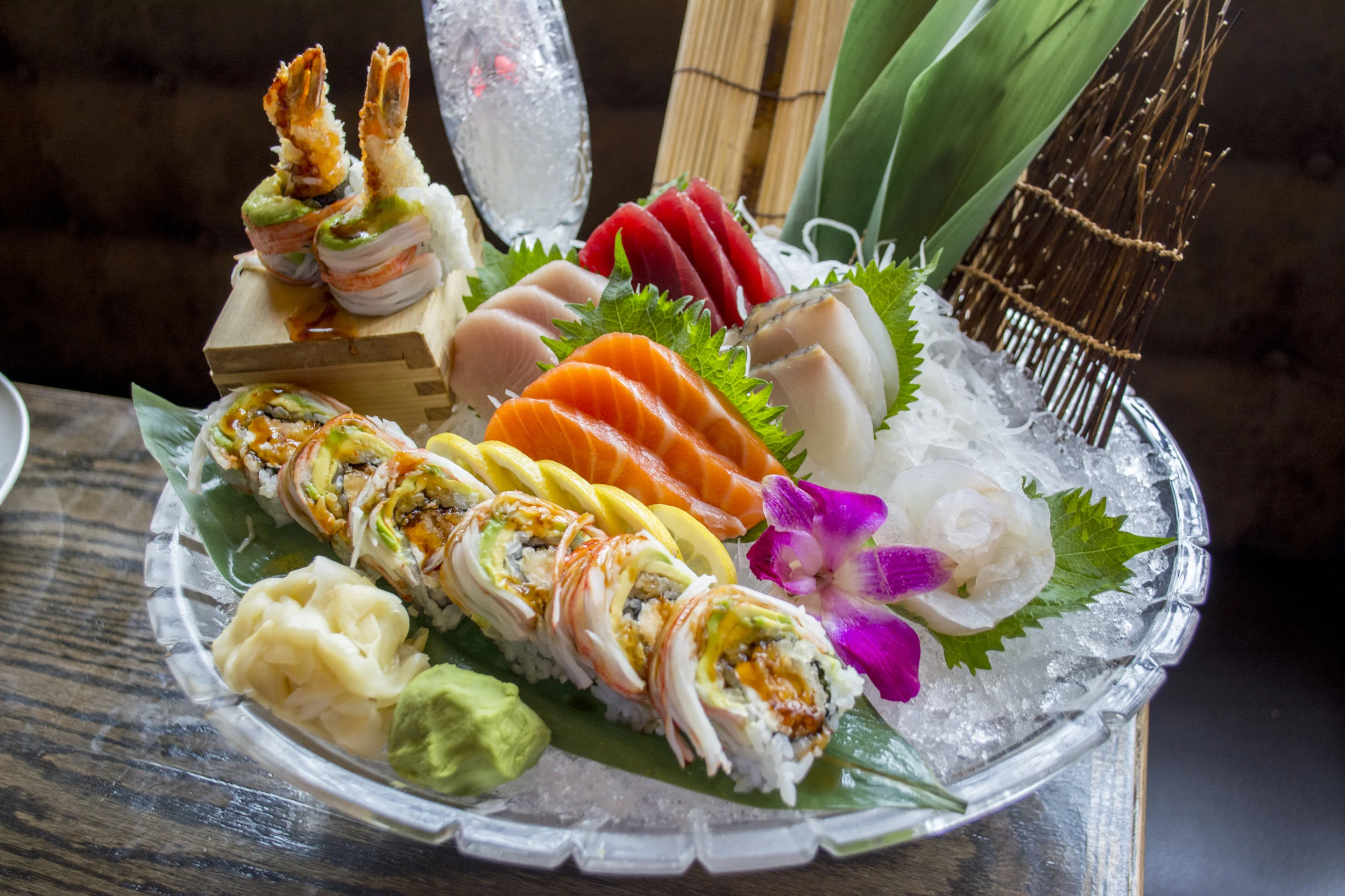   TOA's artfully plated Sushi and Sashimi Combo ($30), which includes five pieces of sushi, 10 pieces sashimi and shrimp tempura roll.&nbsp;  