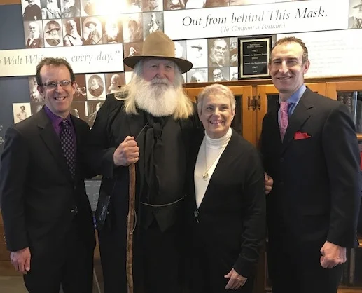   From left: Allen Feinstein, son of Marvin Feinstein; Darrel Ford as Whitman; Miriam Feinstein, Feinstein’s widow; and David Feinstein, son of Feinstein.   (Photos/WWBA)  