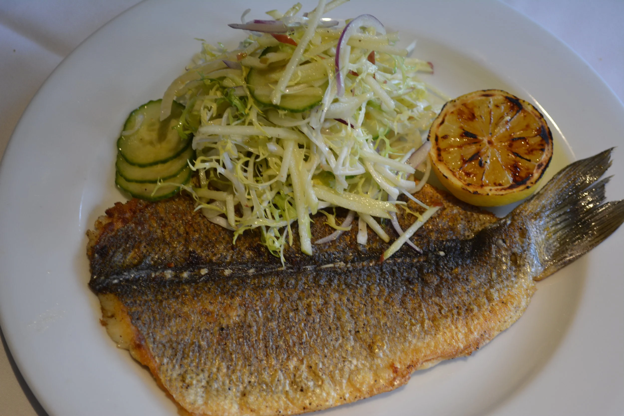   The fried whole Branzino with frisee, fennel and apple salad is a new dish for spring.  