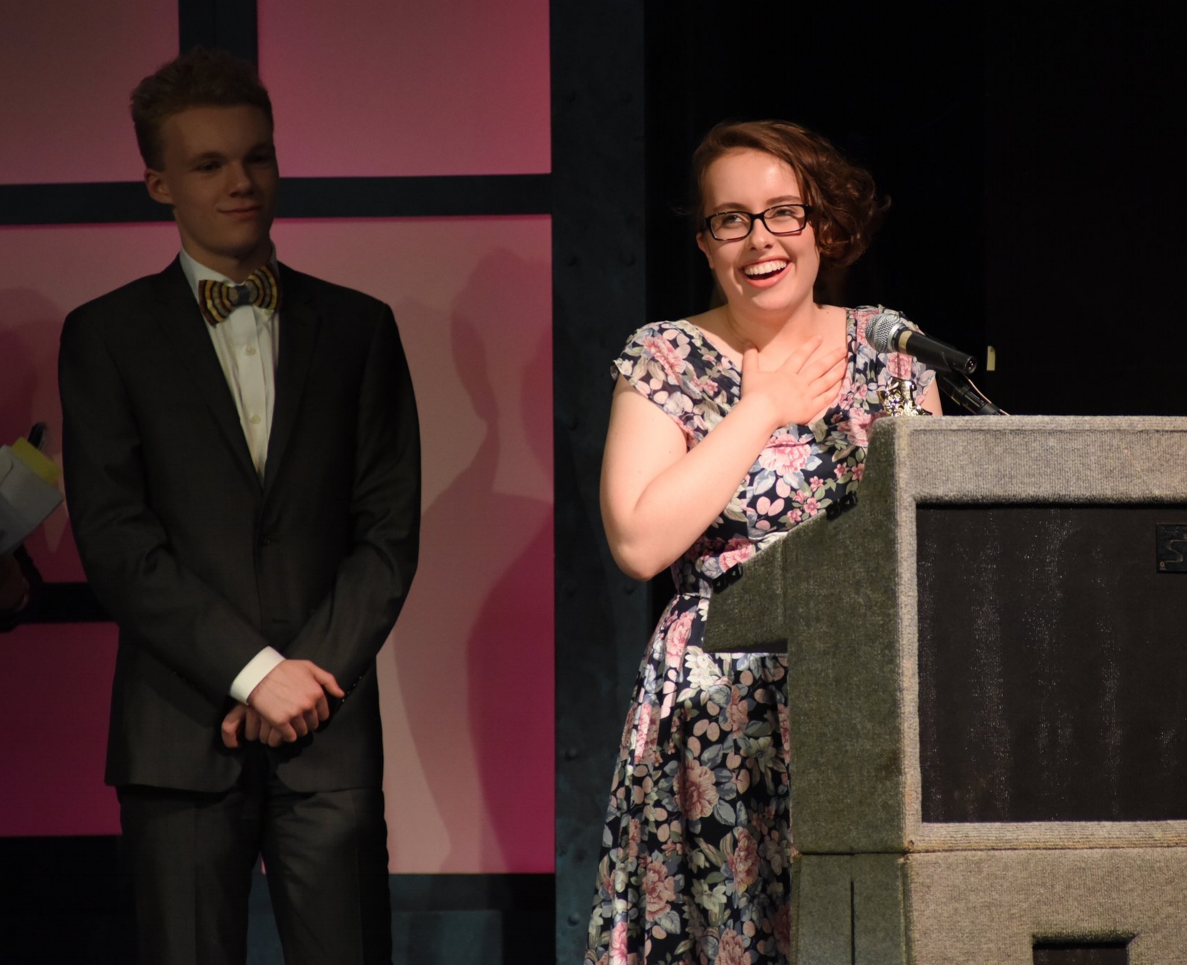   Huntington High School’s LJ Kindall, right, won “Best Featured Actress in a Musical” for her role as “Madame” in Cinderella.  