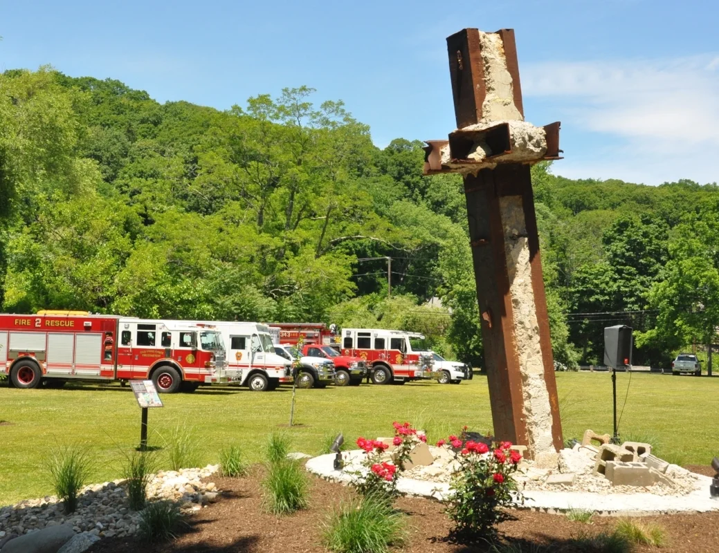   A 18,000 pound steel beam from tower one of the World Trade Center dominates the 9/11 memorial in Cold Spring Harbor.   (Photos/Steve Silverman)  
