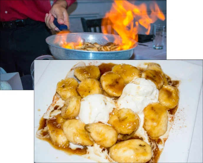   Prepared tableside, Bananas Foster features warm, sweet bananas cooked in butter, brown sugar, cognac and rum, and is served with ice cream.  